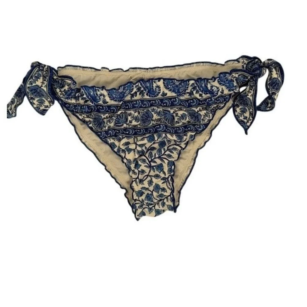 J.Crew Womens Blue White Block Print Floral Side Tie Bikini Bottom Medium